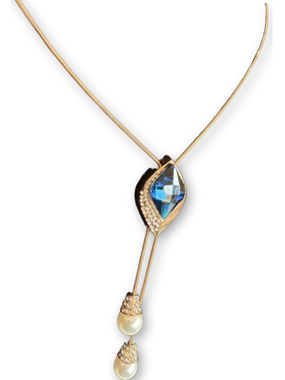 Gold Snake Chain Lariat Blue Crystal Pendant Rhinestone Pearl